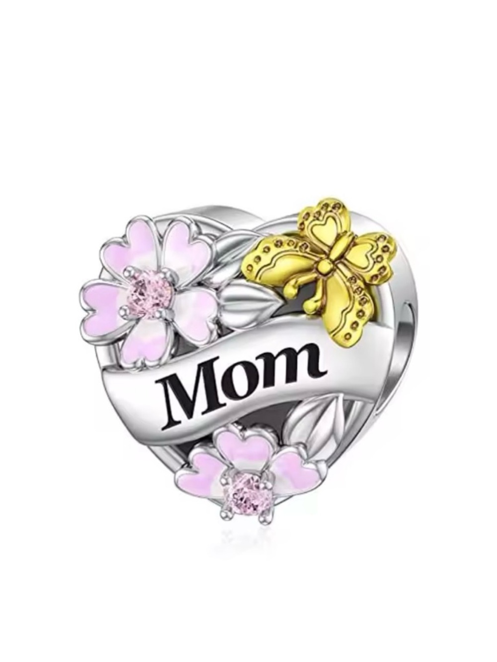Mom Heart Charm with Pink Flowers and Gold Butterfly
